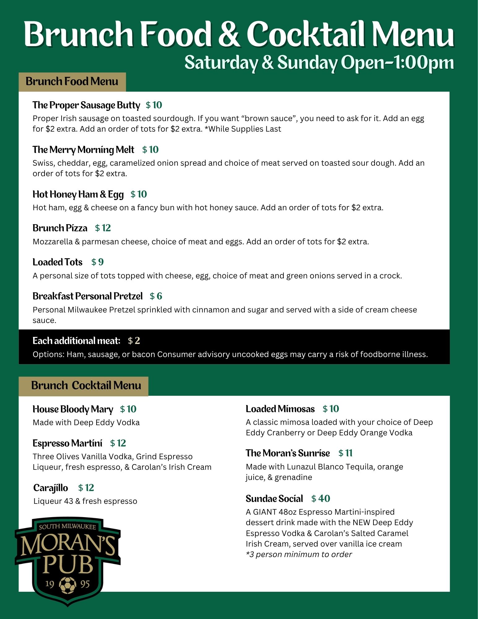 Brunch Food & Drink Menu 2026